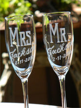 Load image into Gallery viewer, Hand Cut Personalized Mr. &amp; Mrs. Champagne Flute | Set of 2

