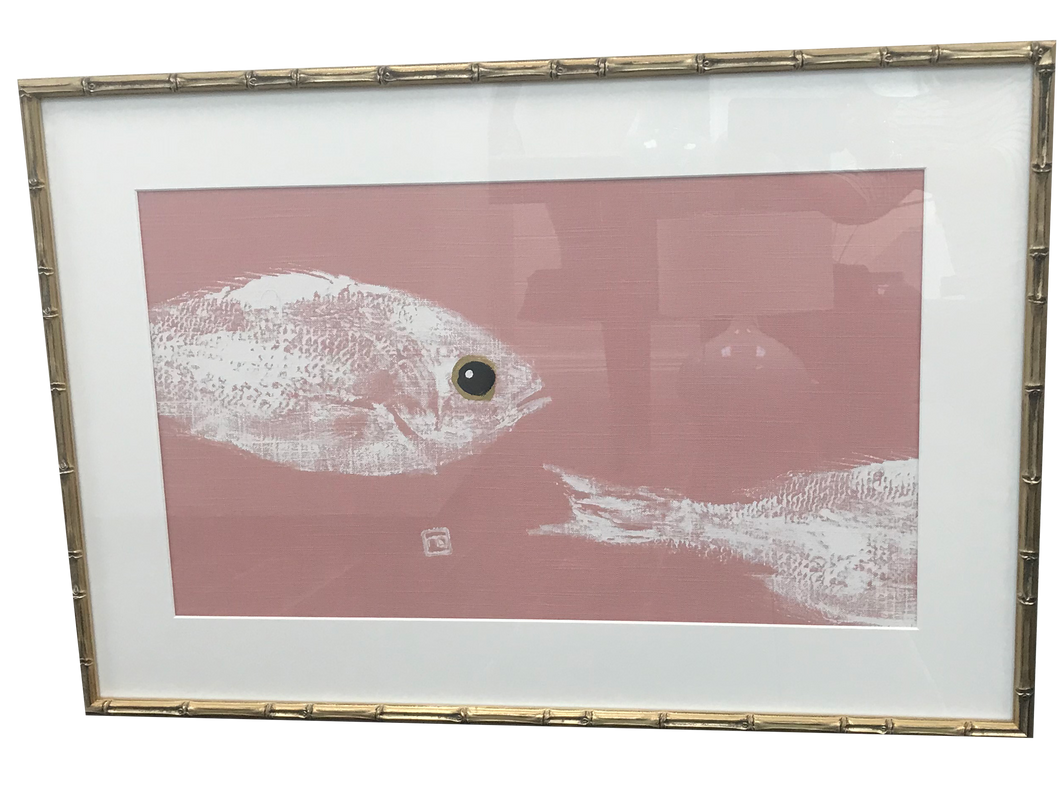 Gyotaku Fishe Print on Metallic Pink Linen-Double