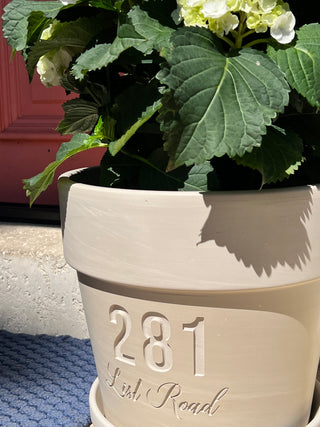 Large Deep Etched Clay Flower Pot with Home Address