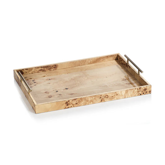 Leiden Burl Wood Design Tray with Gold Handles