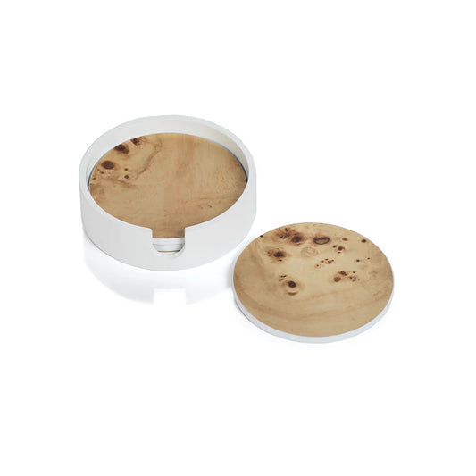 Burl Wood Veneer Coasters in White Holder (Set of 4)