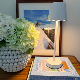 White LED Portable Cordless Table Lamp with Scalloped Edge Shade