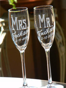 Hand Cut Personalized Mr. & Mrs. Champagne Flute | Set of 2