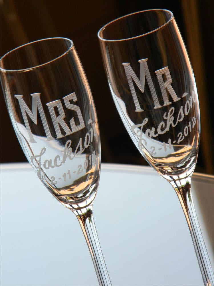 Hand Cut Personalized Mr. & Mrs. Champagne Flute | Set of 2