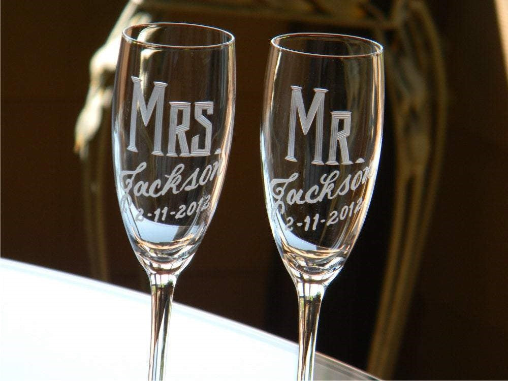 Hand Cut Personalized Mr. & Mrs. Champagne Flute | Set of 2