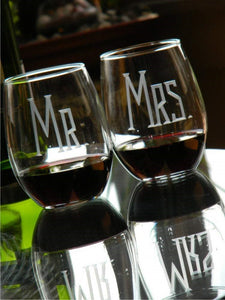 Hand Cut MR & MRS Stemless Wine Glass | Set of 2