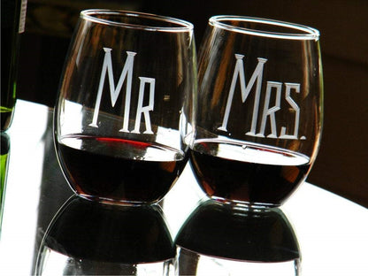 Hand Cut MR & MRS Stemless Wine Glass | Set of 2