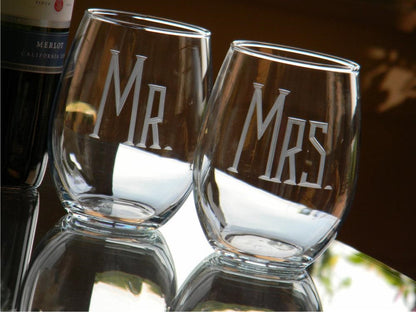 Hand Cut MR & MRS Stemless Wine Glass | Set of 2