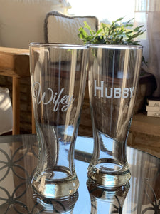 Mix and Match, Hubby and Wifey Pilsner Glasses, Set of 2