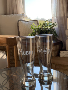 Mix and Match, Hubby and Wifey Pilsner Glasses, Set of 2
