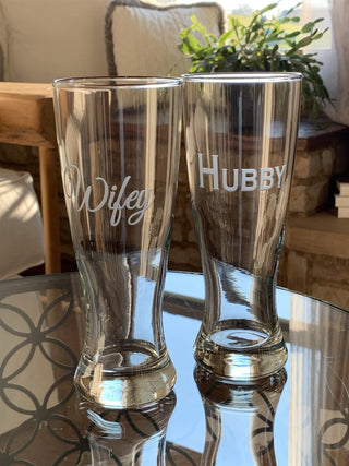 Mix and Match, Hubby and Wifey Pilsner Glasses, Set of 2
