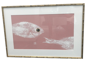 Gyotaku Fishe Print on Metallic Pink Linen-Double
