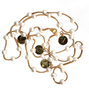 Suede Pearl Lariat with Gold Disks - "LOVE"