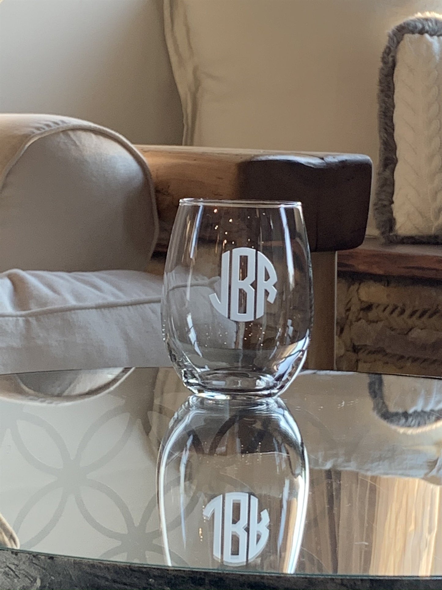 Stemless Wine Glass with Etched Monogram, 21 oz