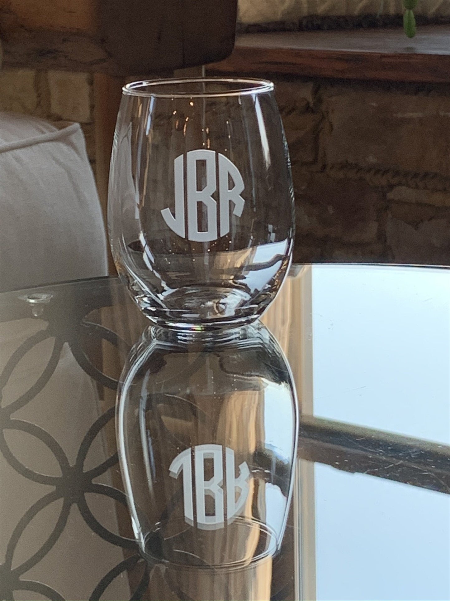 Stemless Wine Glass with Etched Monogram, 21 oz