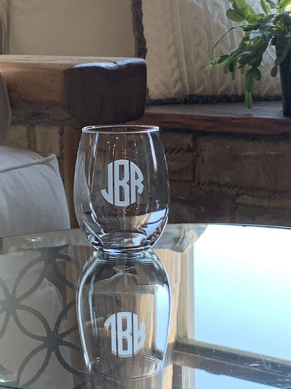 Stemless Wine Glass with Etched Monogram, 21 oz