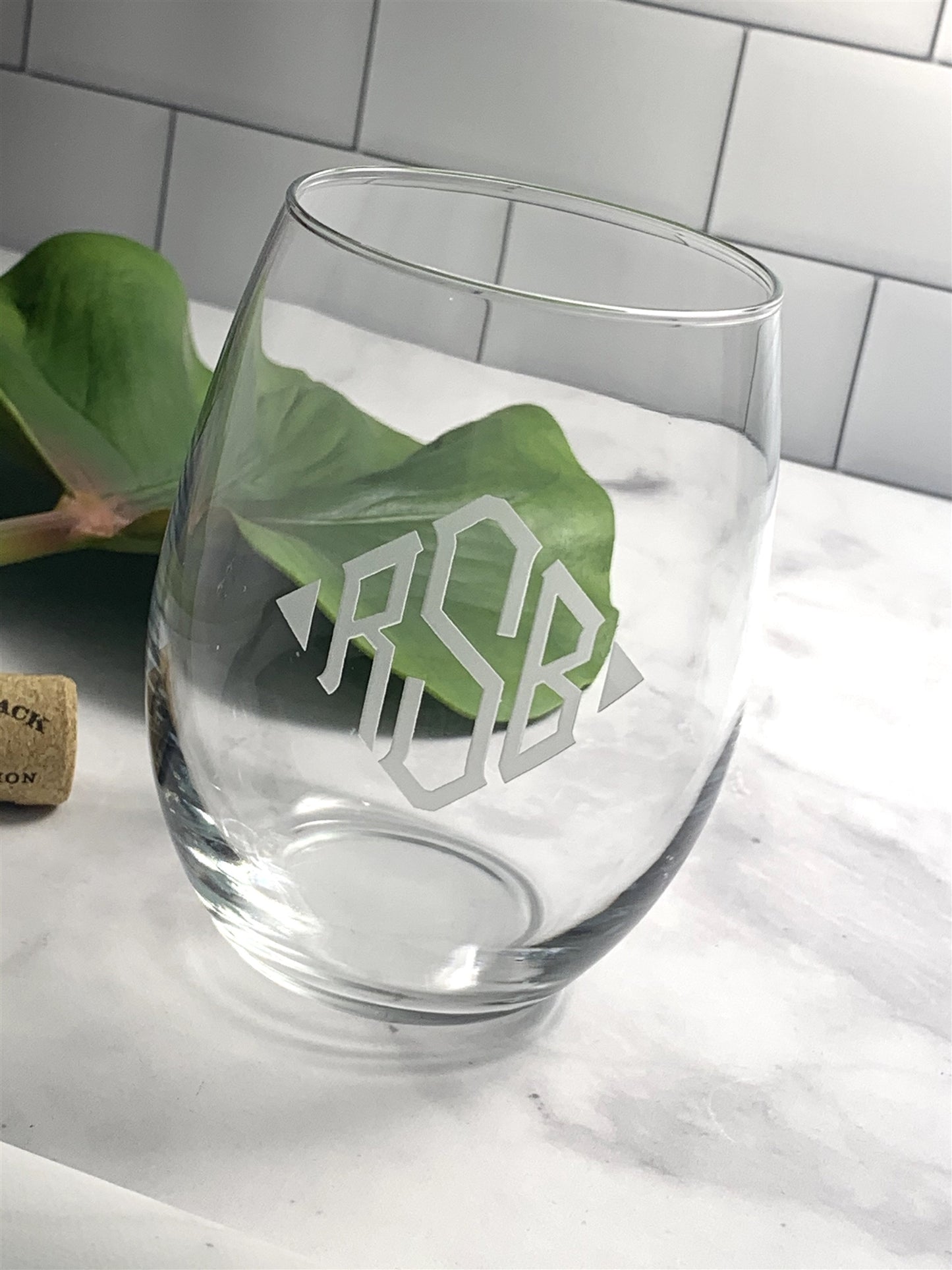 Stemless Wine Glass with Etched Monogram, 21 oz