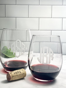 Etched Stemless White Wine Glasses Monogram - Design: M3