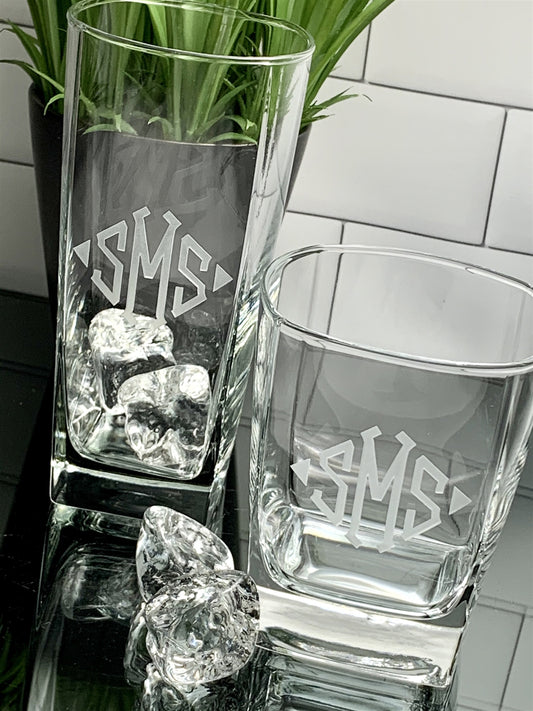 8 Piece Set | 4 of Each Monogrammed Square Beverage & Rock Glass | Mix + Match Set